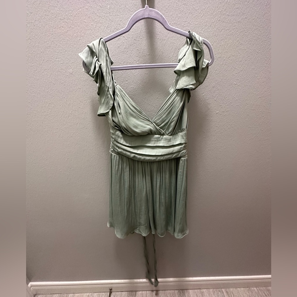 Lola Ruffle Shoulder rouched sage green mini dress